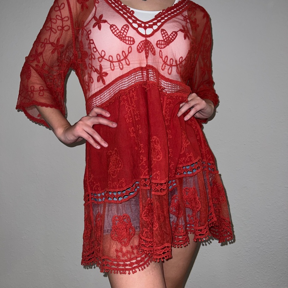 Red Sheer Embroidered Dress